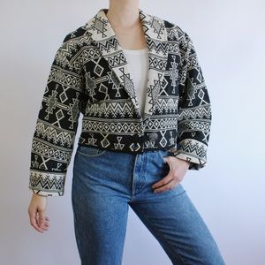 Vintage 90s black and cream Southwestern style oversized cropped tapestry coat